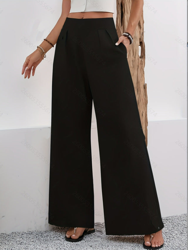Pocketed High-waisted Fashionable Versatile Wide-leg Trousers Long Pants