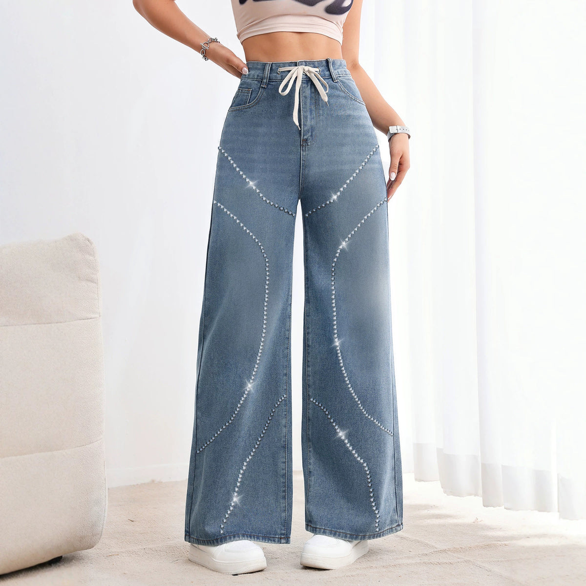 American-style Vintage Womens Washed Denim Jeans With Beadwork