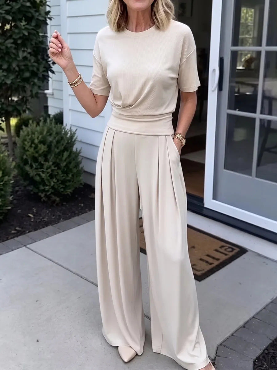 Womens Loose Crew-Neck T-Shirt And Wide-Leg Pants Two-Piece Set