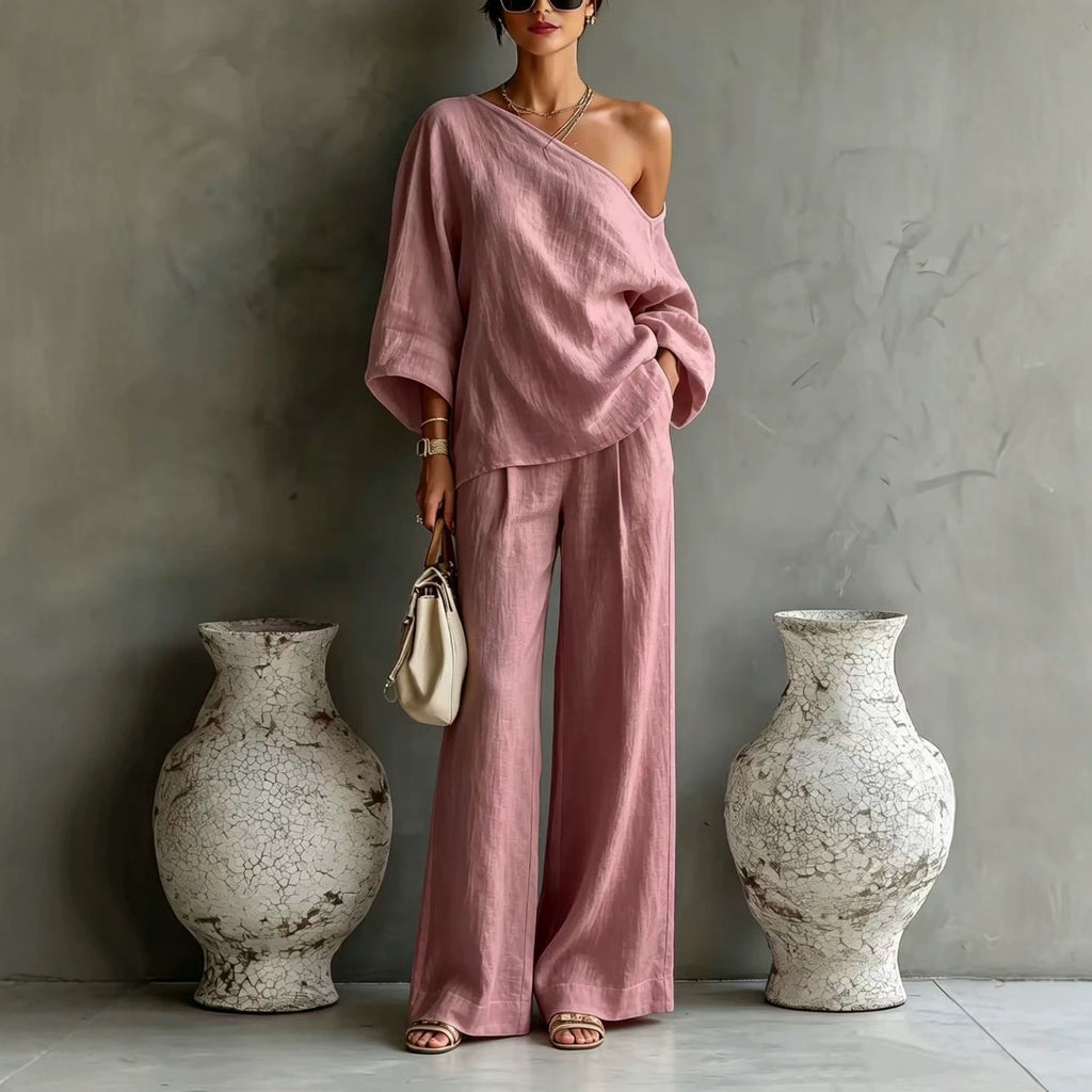 Elegant Off-shoulder Top And Loose Wide-leg Pants Set In A Relaxed, Laid-back Style