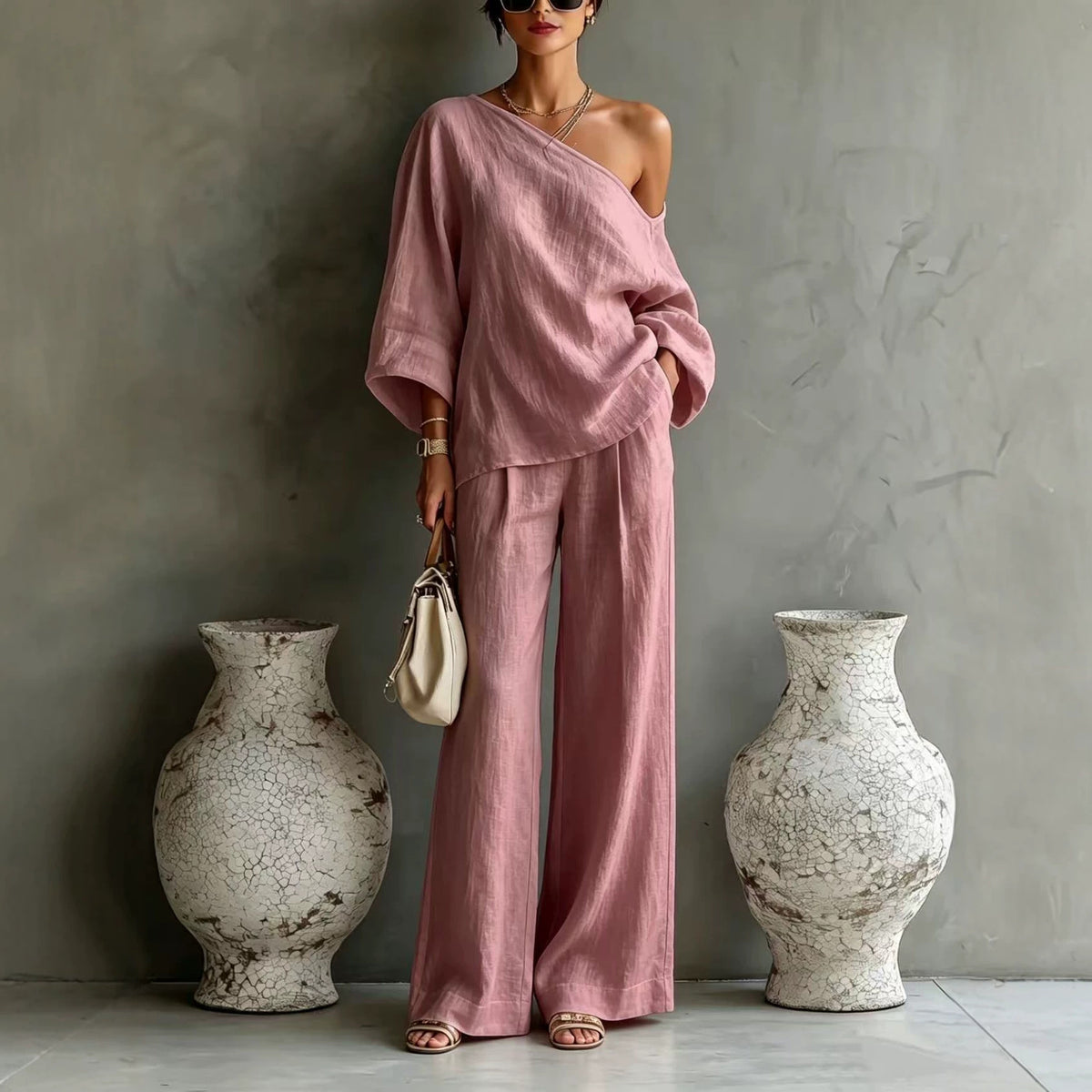 Elegant Off-shoulder Top And Loose Wide-leg Pants Set In A Relaxed, Laid-back Style