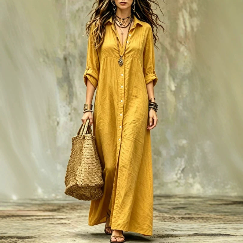 Shirt-collar Floor-length Casual Simple Long Dress