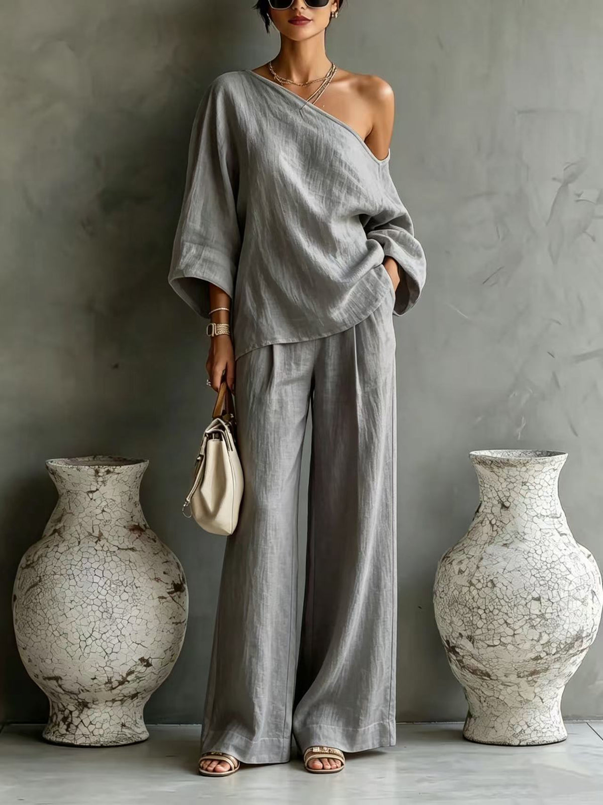 Elegant Off-shoulder Top And Loose Wide-leg Pants Set In A Relaxed, Laid-back Style