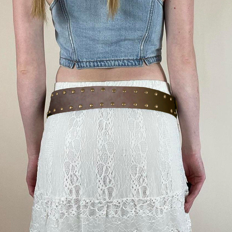 Retro Punk Belt with brown rivets and metal ring buckle