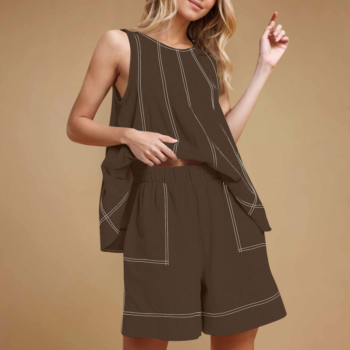 Casual Loose Pocketed Sleeveless Tank Top And Shorts Cotton-Linen Two-Piece Set