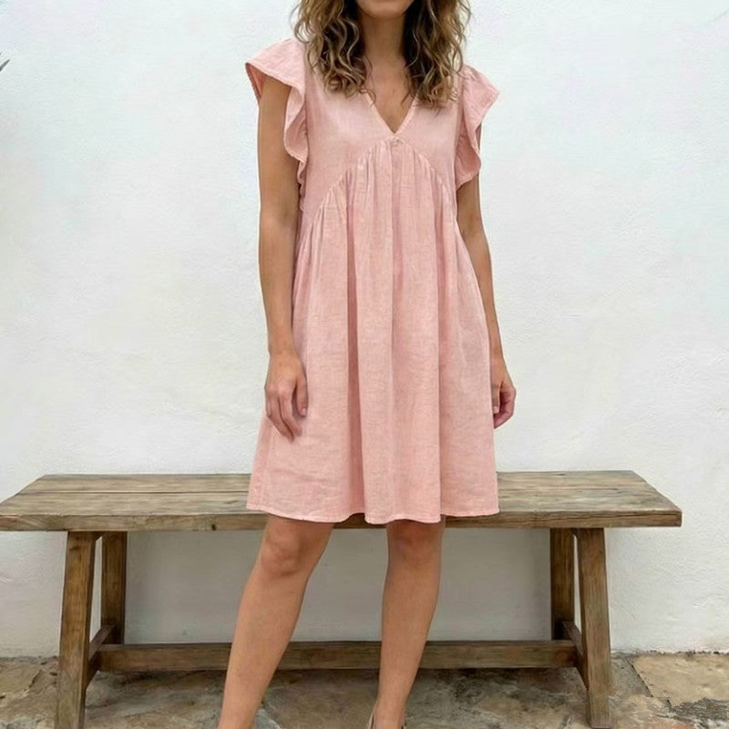 Women's V-neck Flutter Sleeve Ruffle Dress