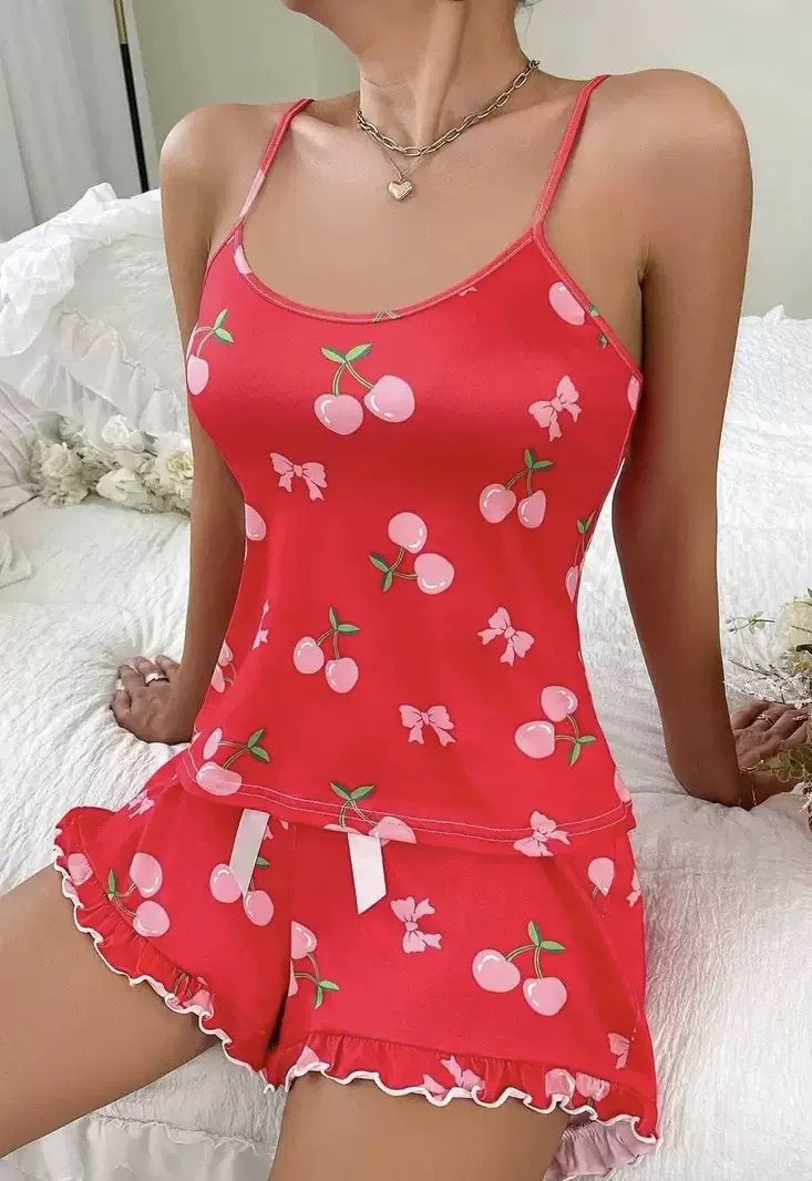 New Sexy European American Pajamas Cherry Print Sling Homewear 2 Piece Set