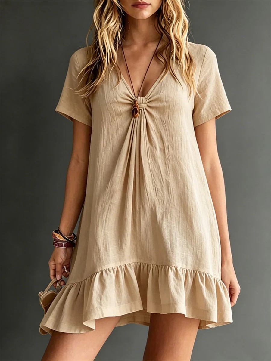 Womens Solid-Color V-Neck Short-Sleeve Casual Dress