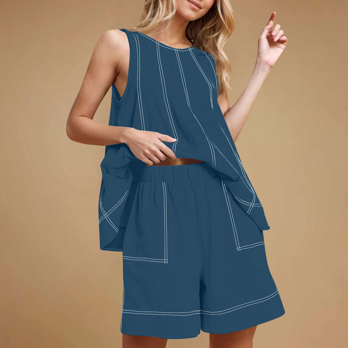 Casual Loose Pocketed Sleeveless Tank Top And Shorts Cotton-Linen Two-Piece Set