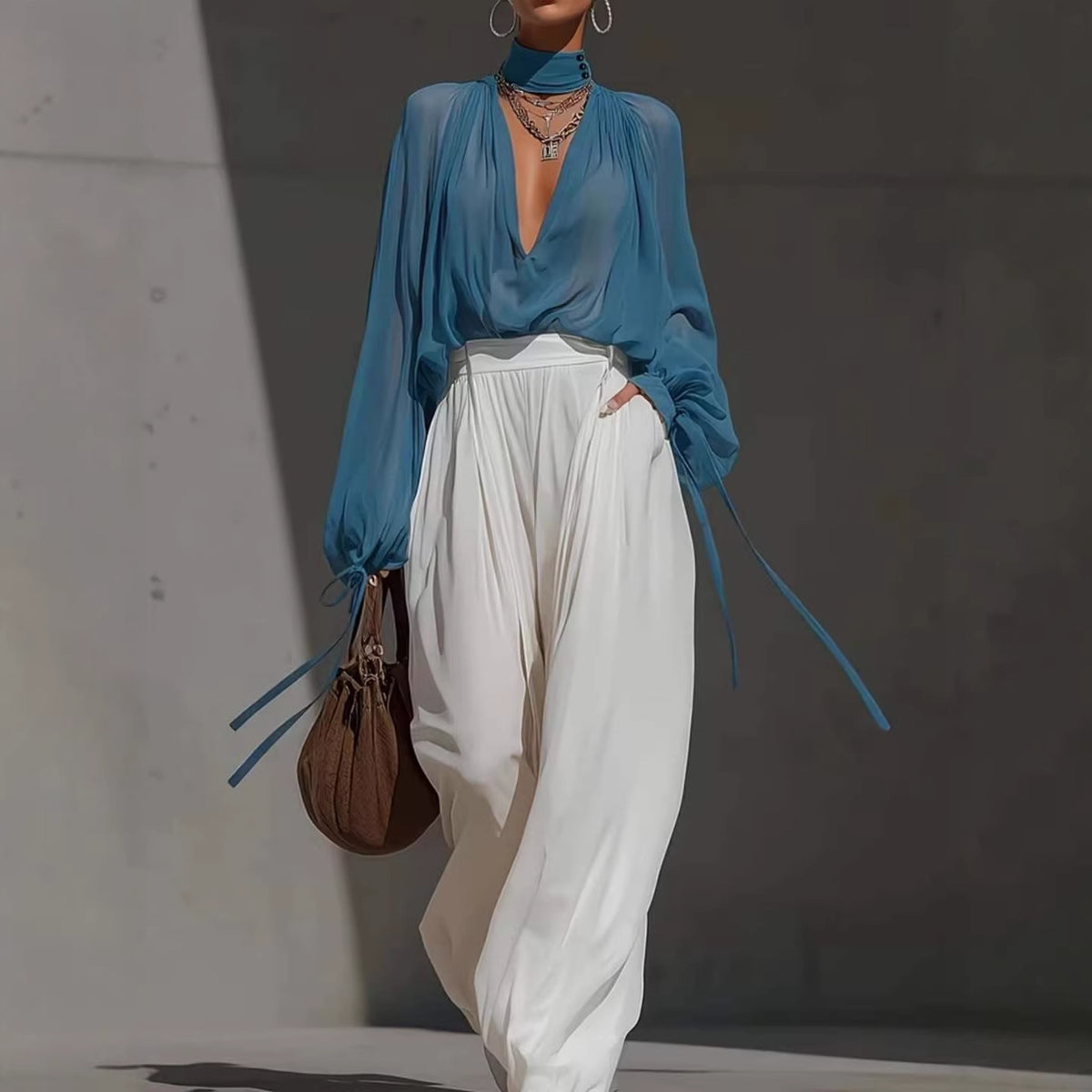 Loose-fit Plus-size Long-sleeve Shirt With A Deep V-neck And Puff Sleeves