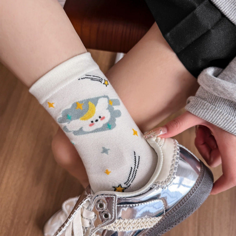Kawaii Cartoon Animal Crew Socks, Cute Dog, Cat & Star Print Mid-Calf Socks, Women's Sweet Cream White Casual Socks For Everyday & Sneakers