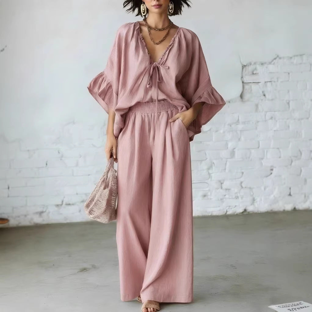 Loose-fit Cotton-linen V-neck Wide-leg Pants Two-piece Set