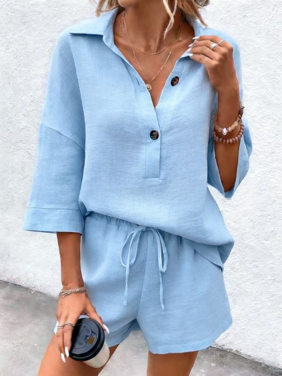 Notch-lapel Short-sleeve Belted Shorts Casual Set