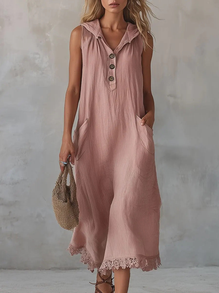 Casual Patchwork Lace-trimmed Linen And Cotton Hooded Dress