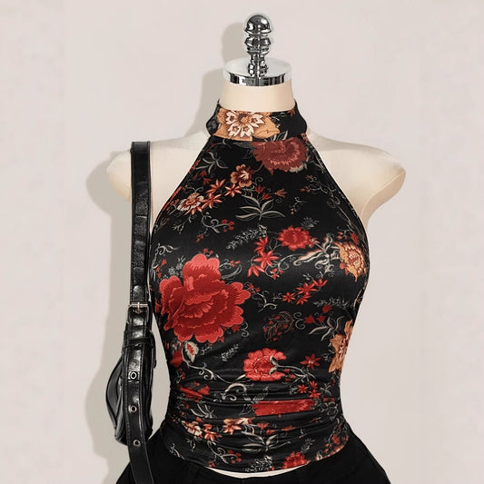 Y2K Retro Floral Print Halterneck Sleeveless Tank Top