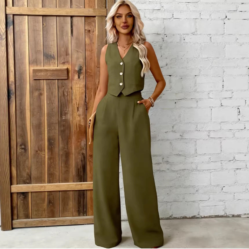 Womens Fashion Plus-Size Buttoned Vest Set