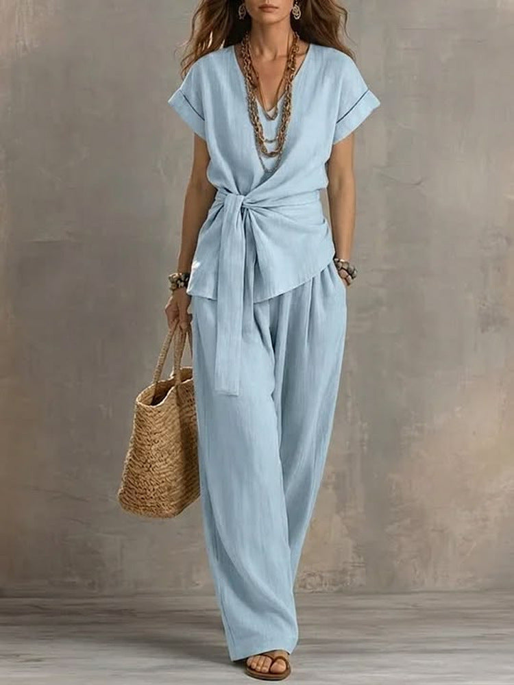 Women's V-neck Pullover Short-Sleeve Pants Set