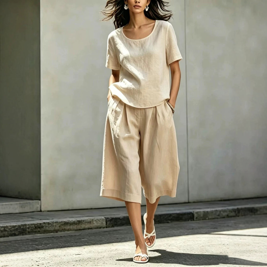 Cotton-linen Casual Loose-fitting Short-sleeve Top And Shorts Set