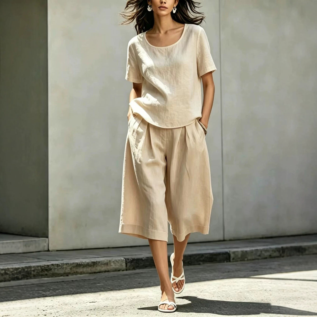 Cotton-linen Casual Loose-fitting Short-sleeve Top And Shorts Set