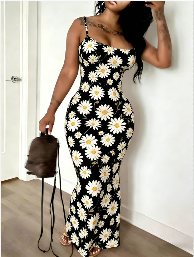 Digital-print Fitted Waistline Long Dress