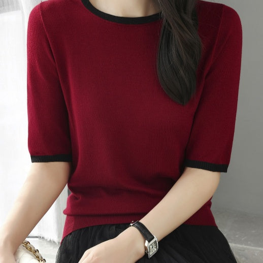 Color-blocked Three-quarter-sleeve Versatile Chic Base Top