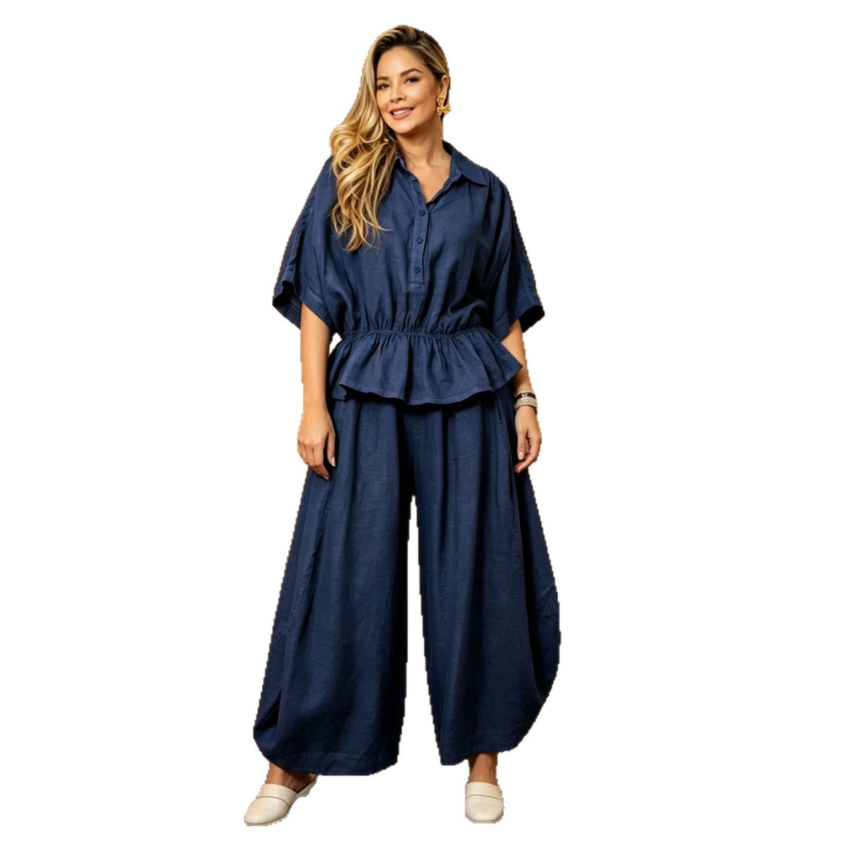 Plus-size Womens Loose Casual Belted Shirt And Wide-leg Pants Set