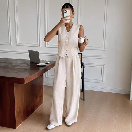 Stylish Off-white Sleeveless Vest And Wide-leg Pants Set For Women Summer Style