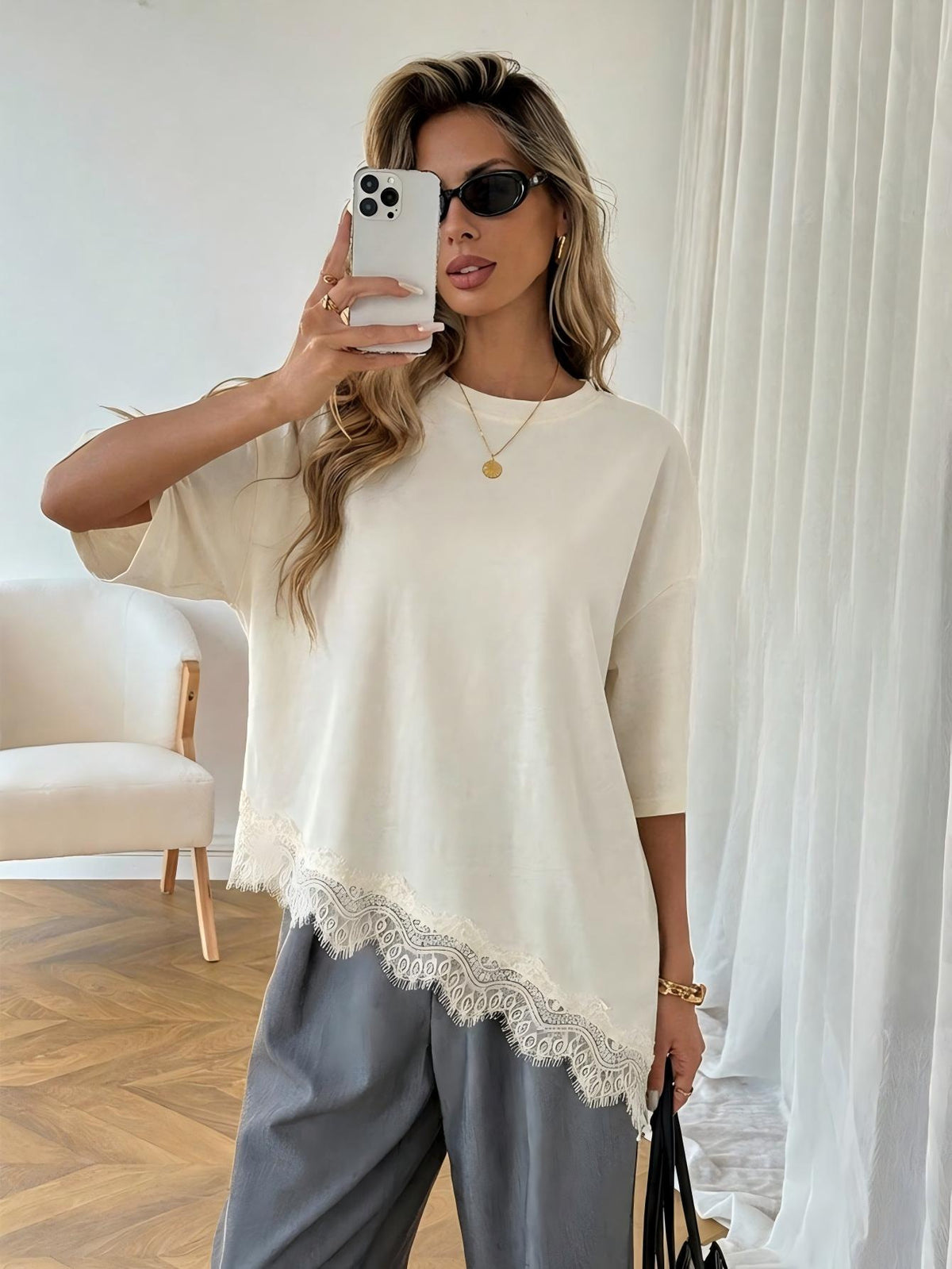 Elegant Womens Short-sleeve Dress With A Slanted Hem And Lace Paneling