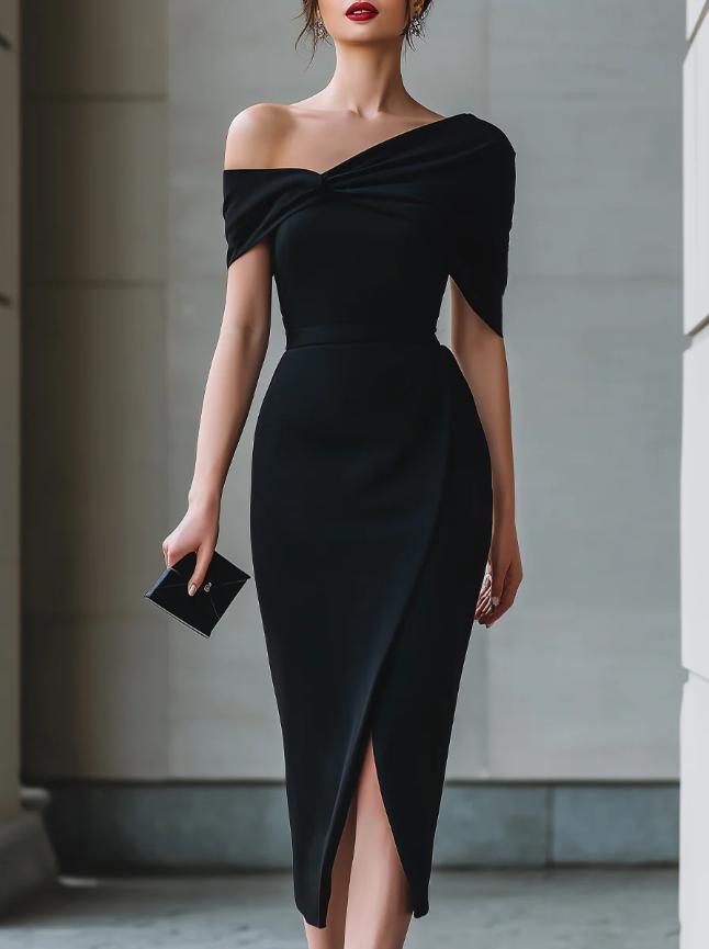 Elegant Commuter Solid-Color Asymmetrical Dress Gown
