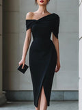 Elegant Commuter Solid-Color Asymmetrical Dress Gown