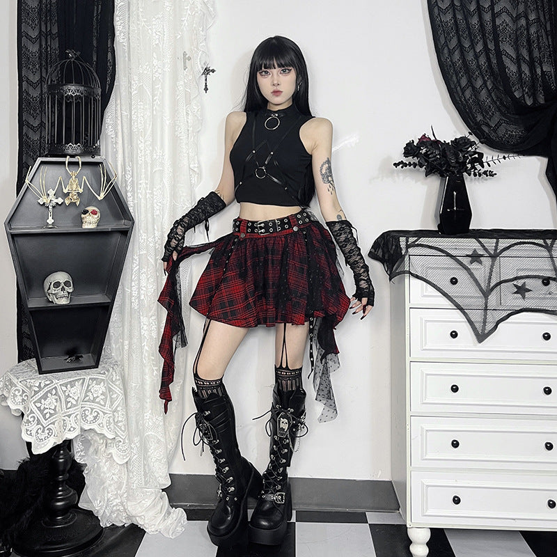 Black Plaid Polka-Dot Mesh Irregular Tutu Skirt