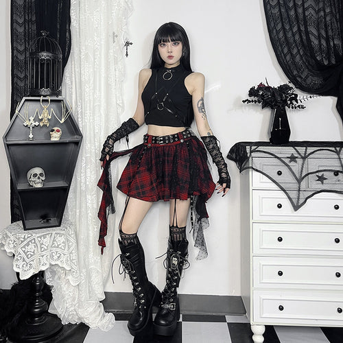 Black Plaid Polka-Dot Mesh Irregular Tutu Skirt