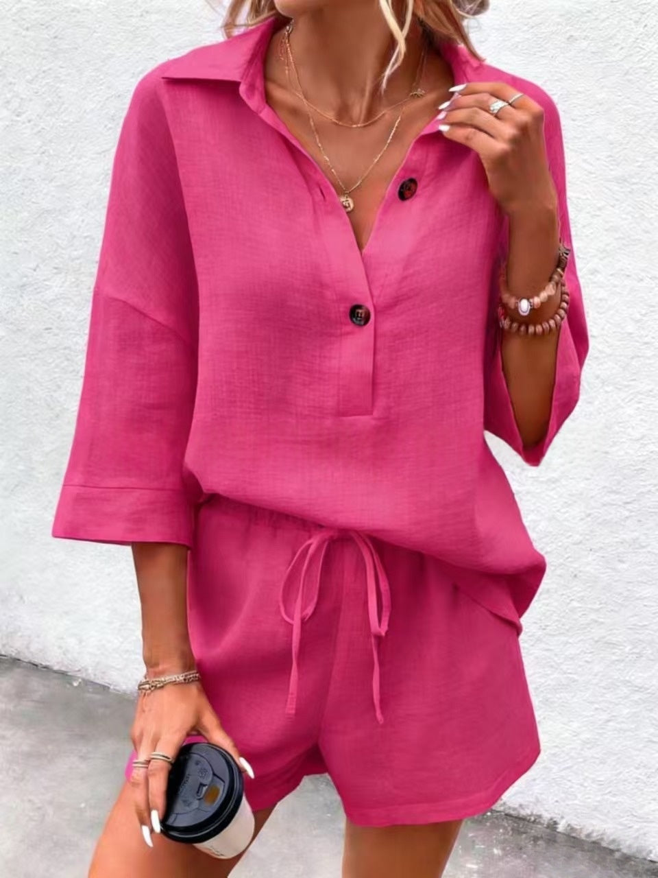 Notch-lapel Short-sleeve Belted Shorts Casual Set