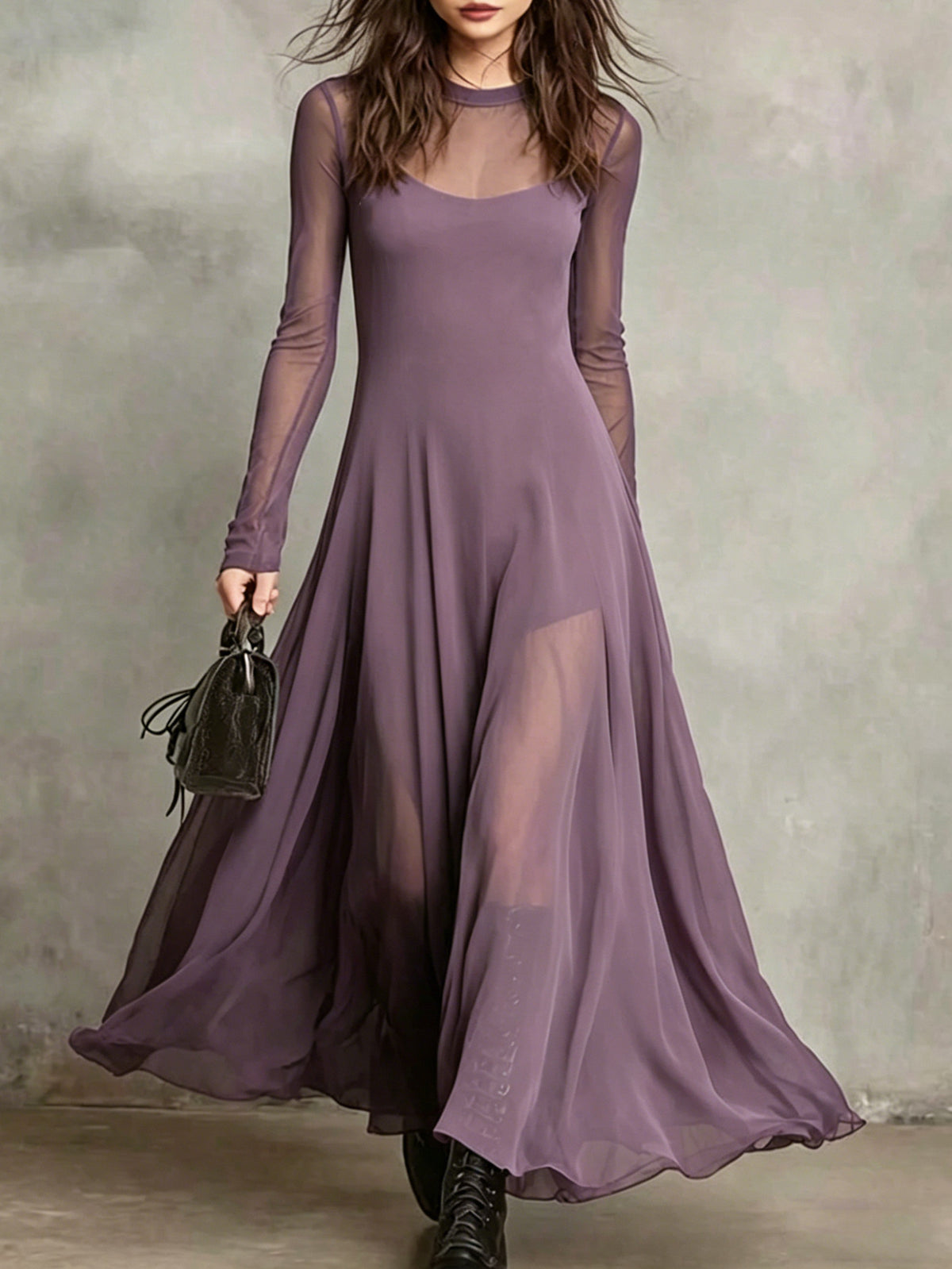 Elegant Mesh-spliced Two-piece Dress Set
