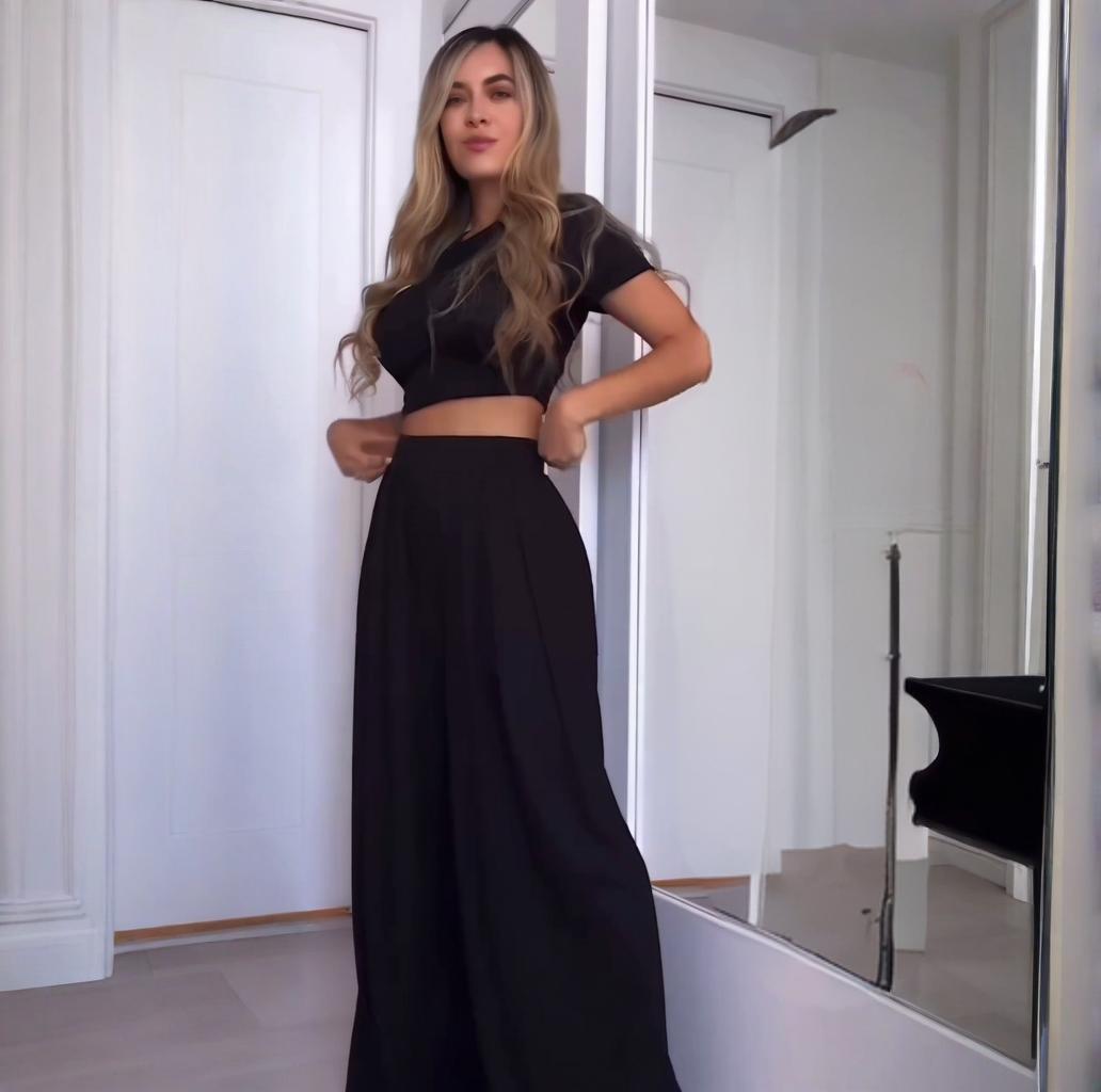 Crew-Neck Solid-Color Wide-Leg Pants Fashionable Casual Womens Set