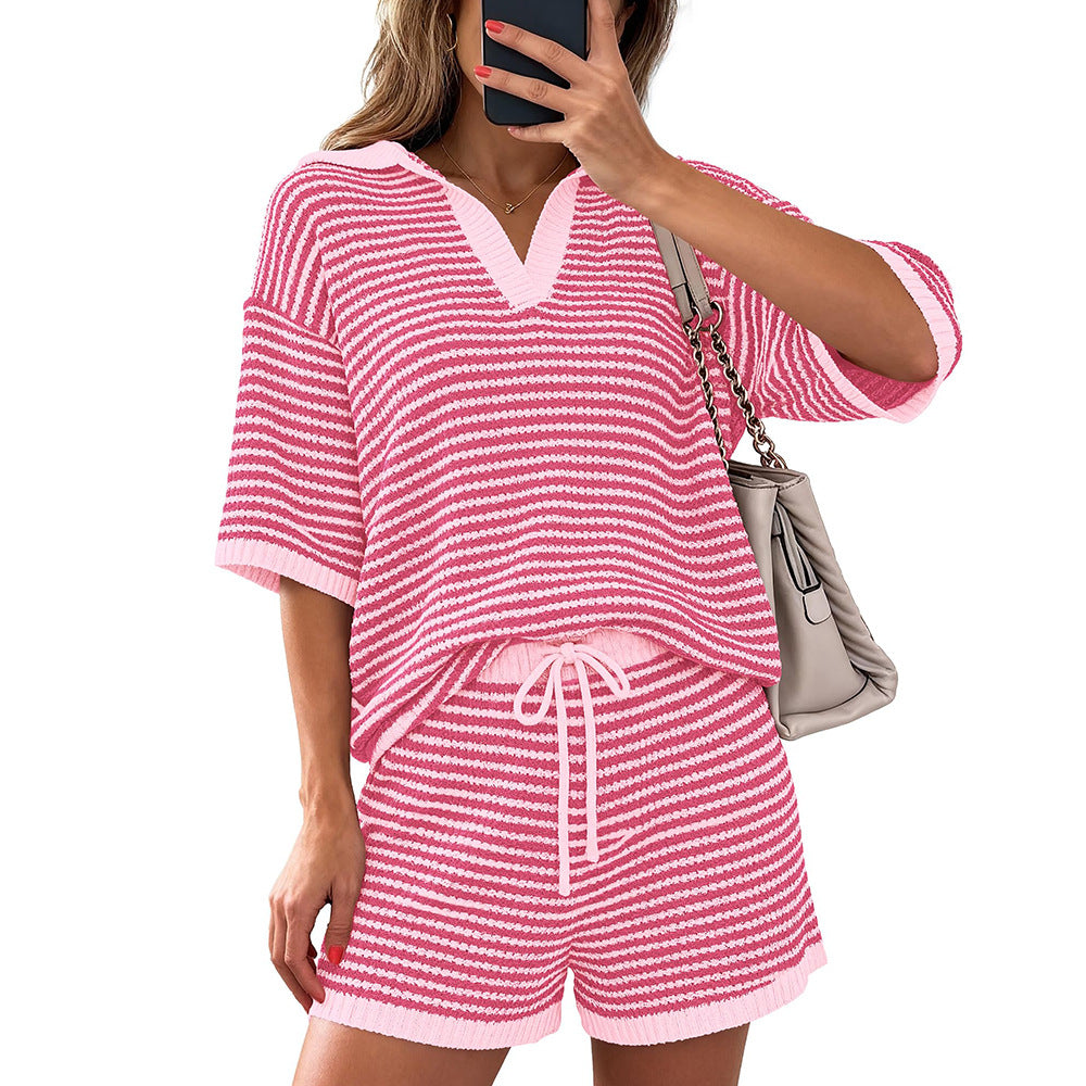 Casual Striped Short-sleeve Sweater And Pants Set