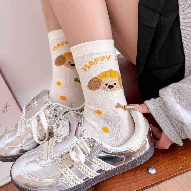 Kawaii Cartoon Animal Crew Socks, Cute Dog, Cat & Star Print Mid-Calf Socks, Women's Sweet Cream White Casual Socks For Everyday & Sneakers