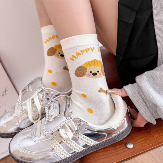 Kawaii Cartoon Animal Crew Socks, Cute Dog, Cat & Star Print Mid-Calf Socks, Women's Sweet Cream White Casual Socks For Everyday & Sneakers