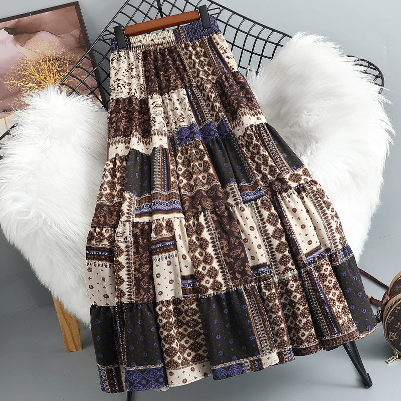 Ethnic-style Color-block Printed Midi Skirt