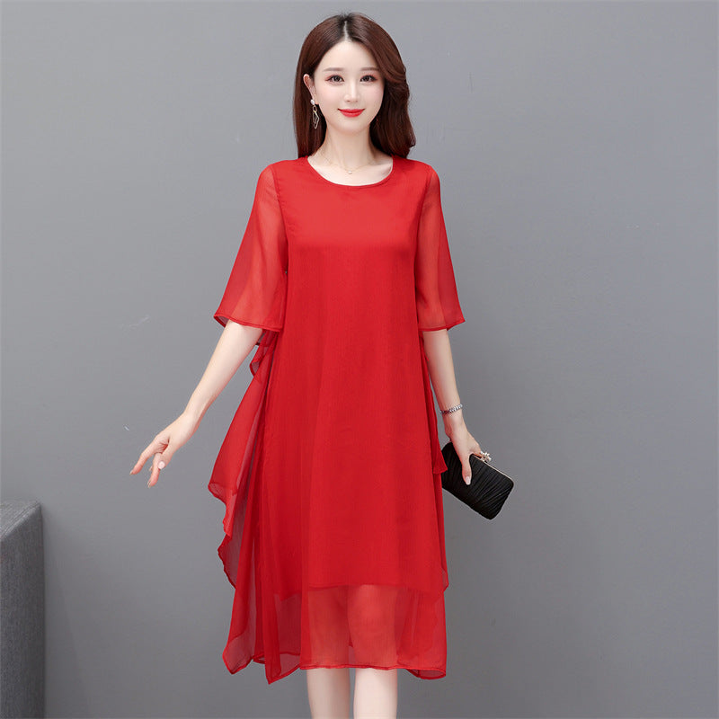 Womens Solid-color Chiffon Ruffled Flounce Dress