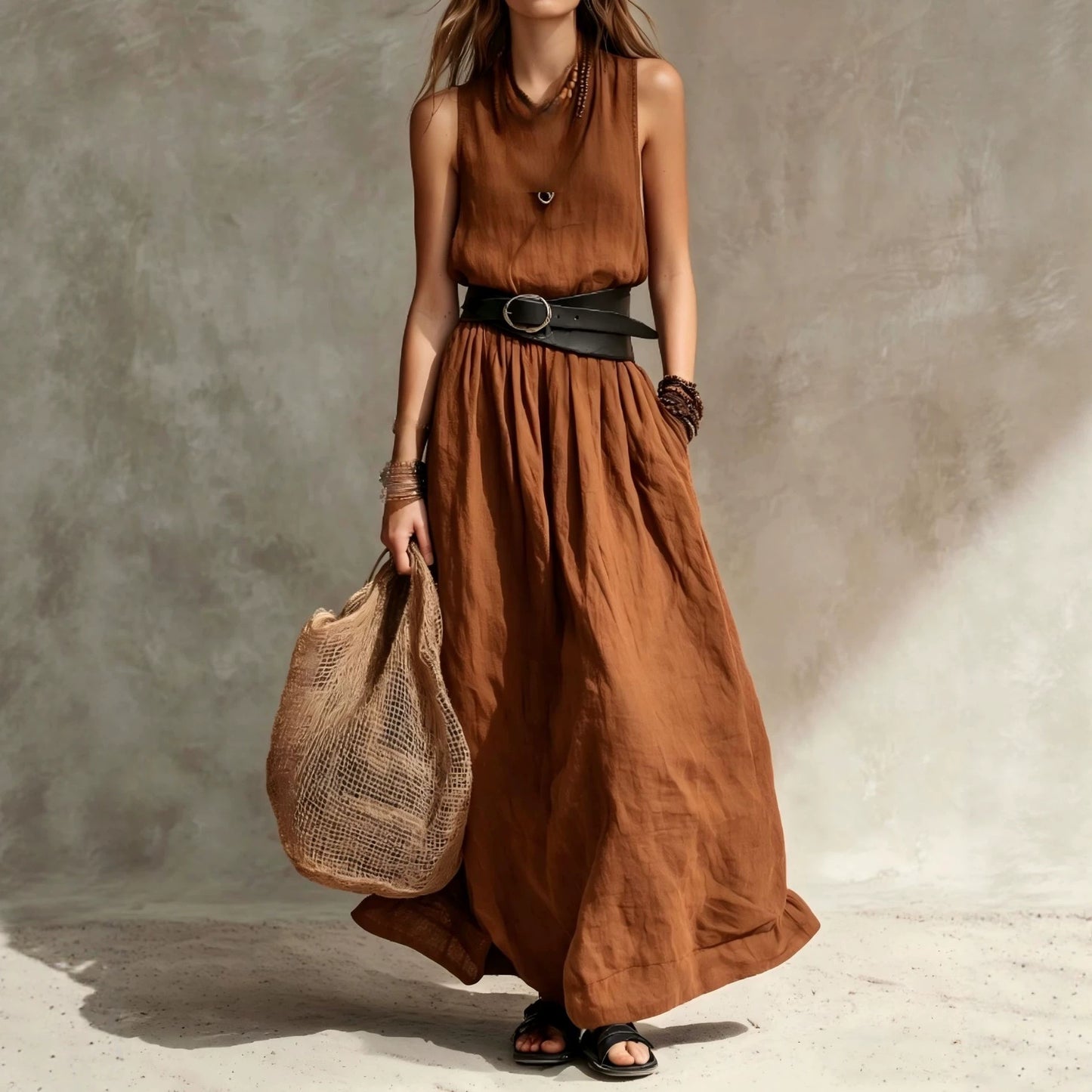 Turn-down Collar Long Sleeveless Dress