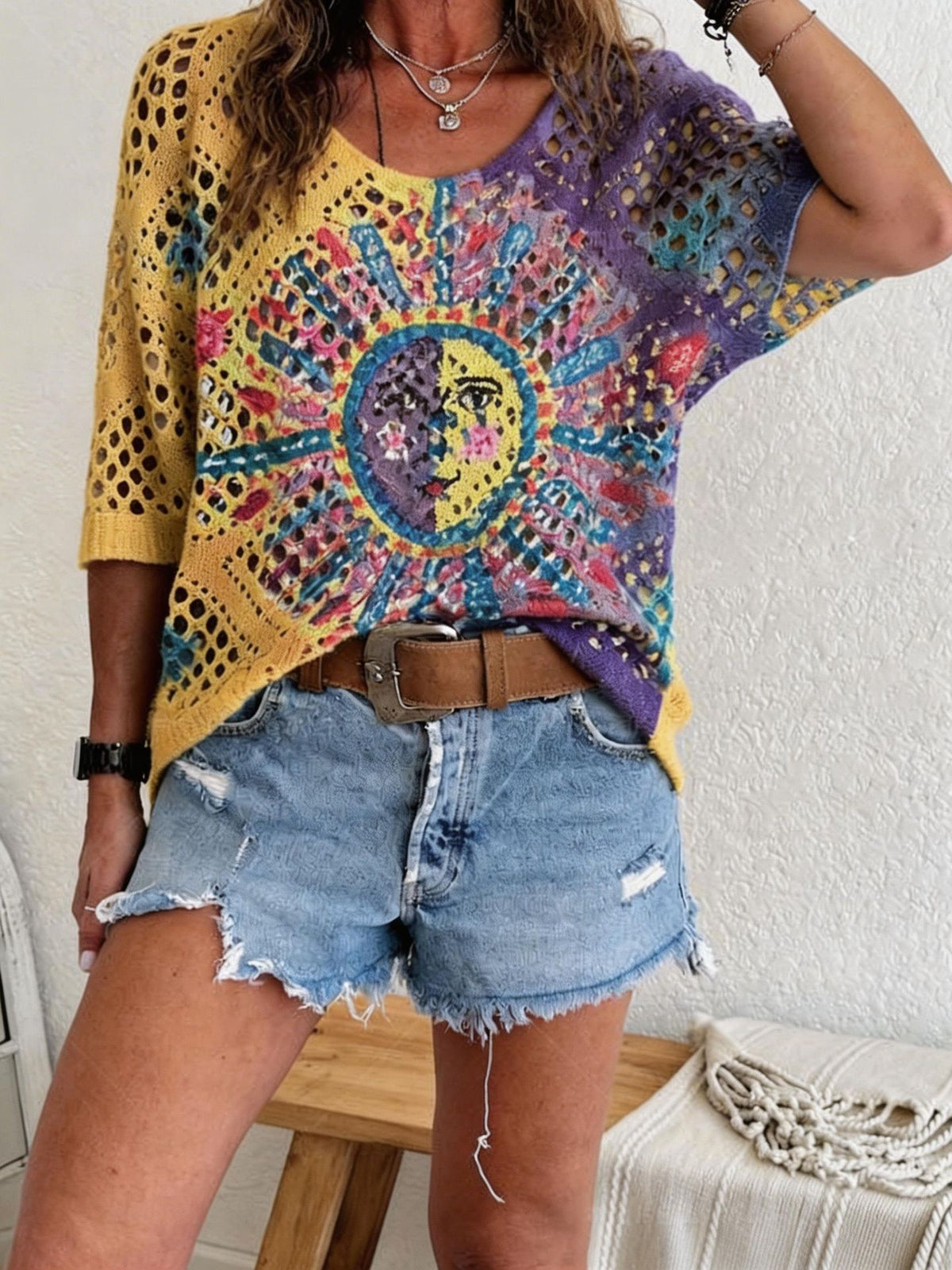 Womens Hollowed-Out Batwing-Sleeve Sweater With 3D Knitted Print