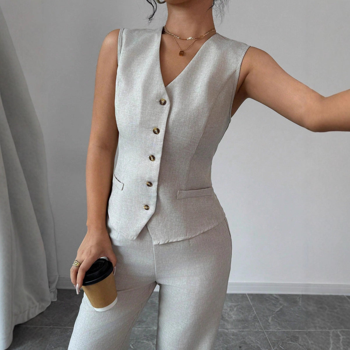 Commuter Sleeveless Vest Set Two-Piece Suit