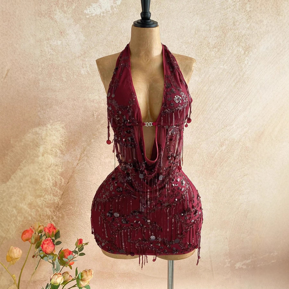 Sequin Tassel Halter Bodysuit And Cutout Figure-hugging Sheath Skirt