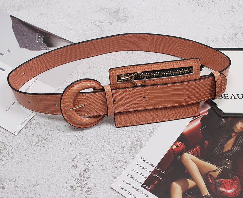 Leather Waist Belt with fashion stitching and zipper design
