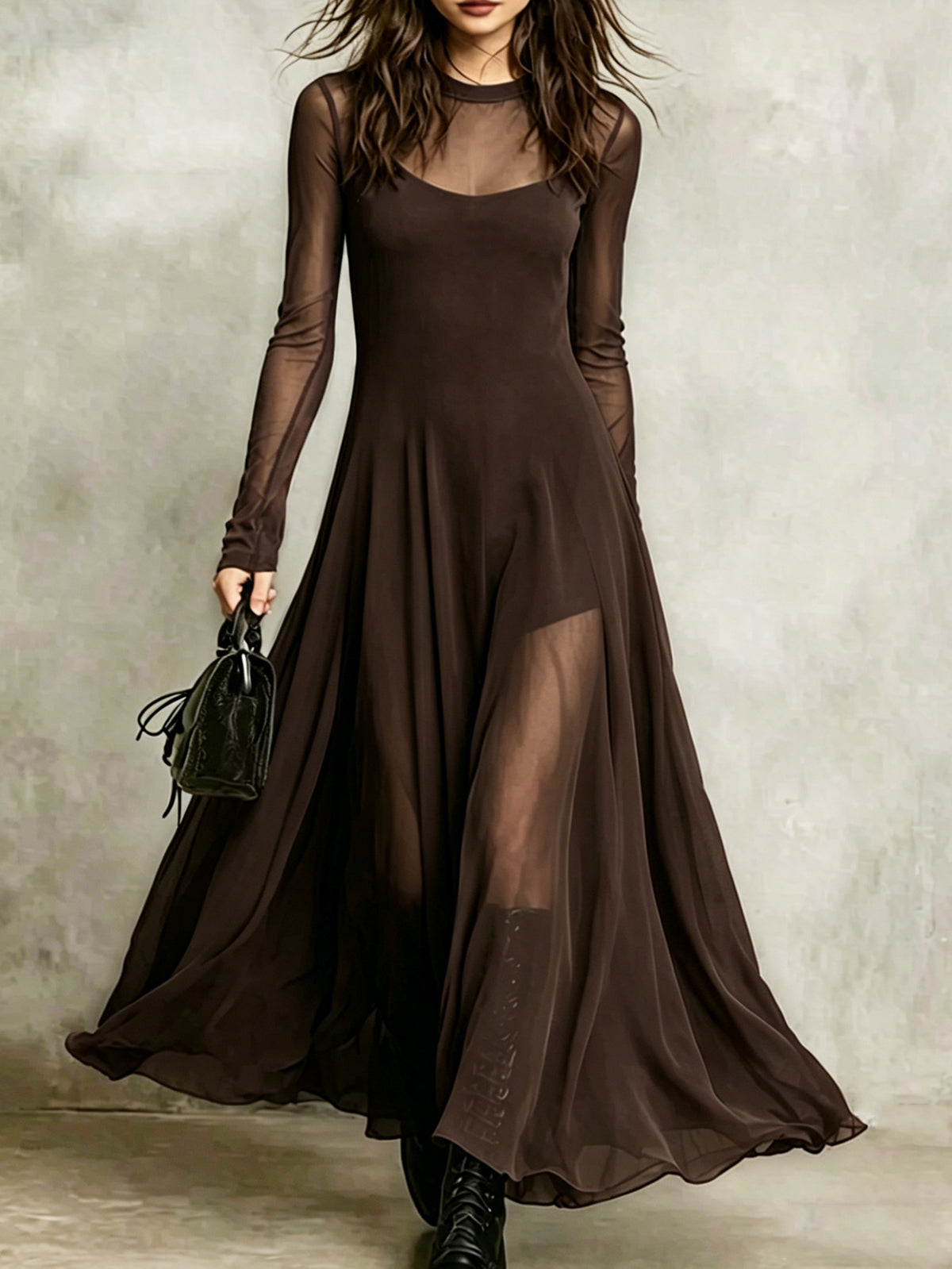 Elegant Mesh-spliced Two-piece Dress Set