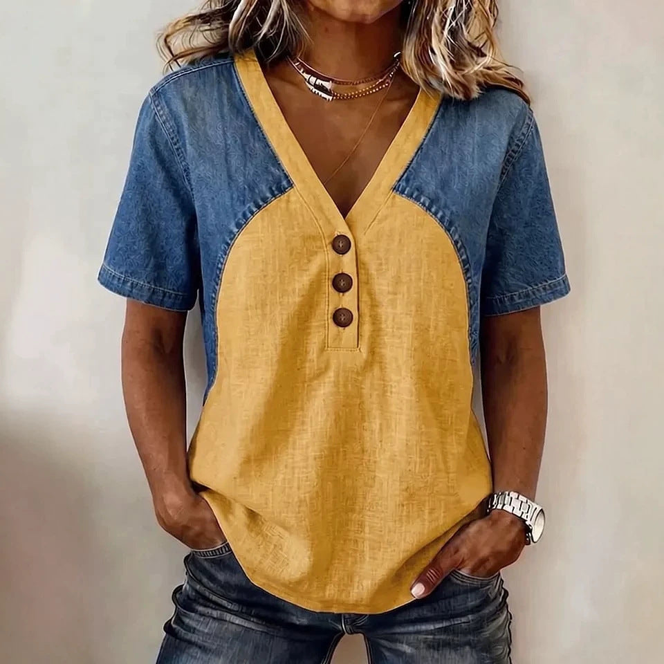 Fashionable Trendy Womens Loose Denim Patchwork T-Shirt