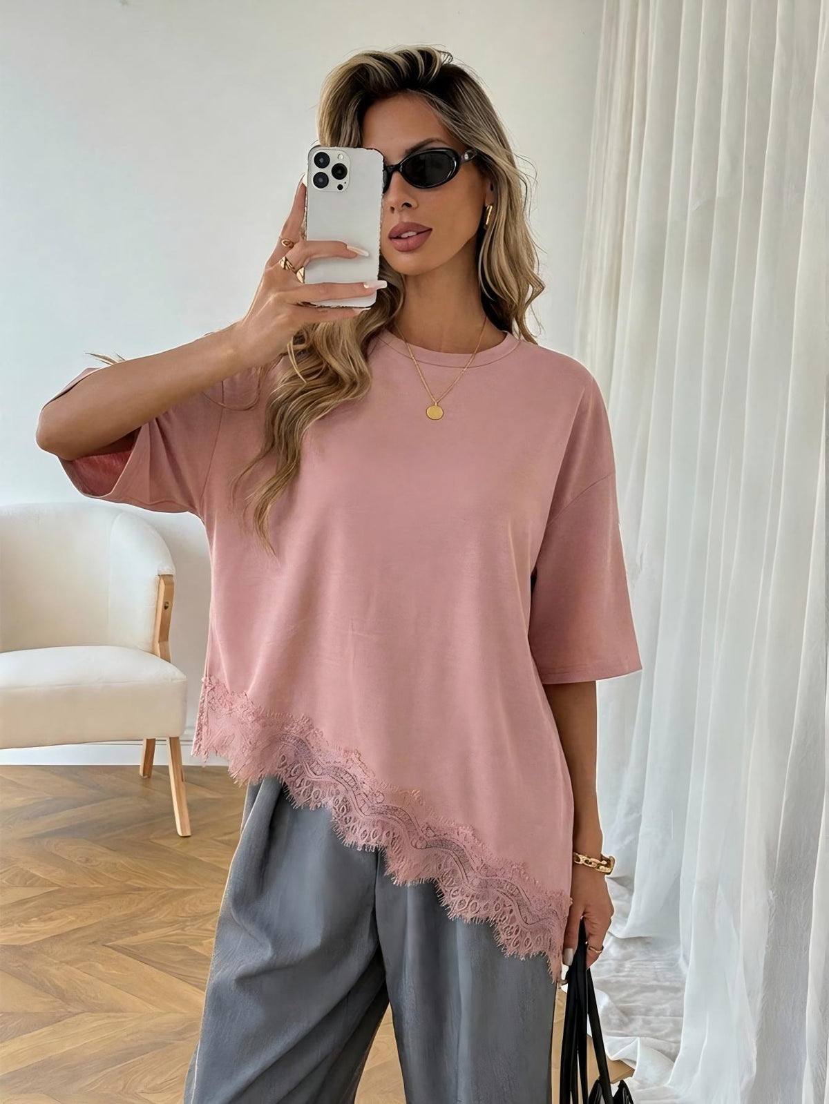 Elegant Womens Short-sleeve Dress With A Slanted Hem And Lace Paneling