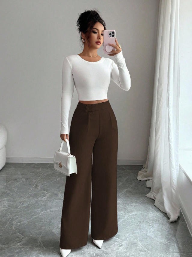 Womens Solid-color Casual All-match Long Pants With A Waist Panel Seam