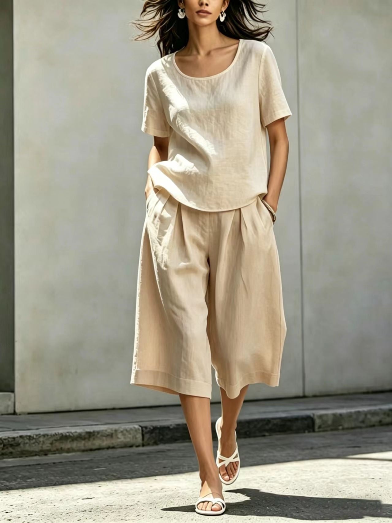 Cotton-linen Casual Loose-fitting Short-sleeve Top And Shorts Set